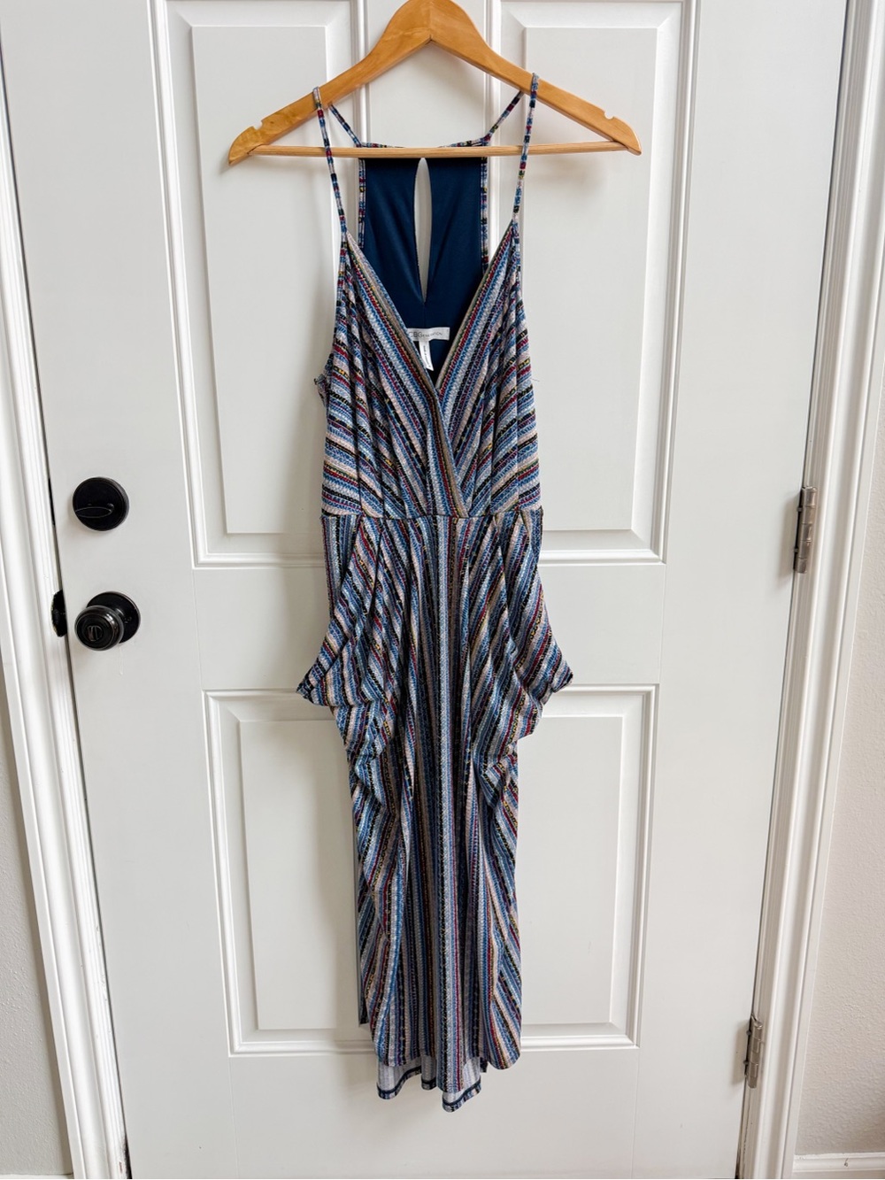 multicolored striped BCBGeneration v neck midi dress with draped pockets